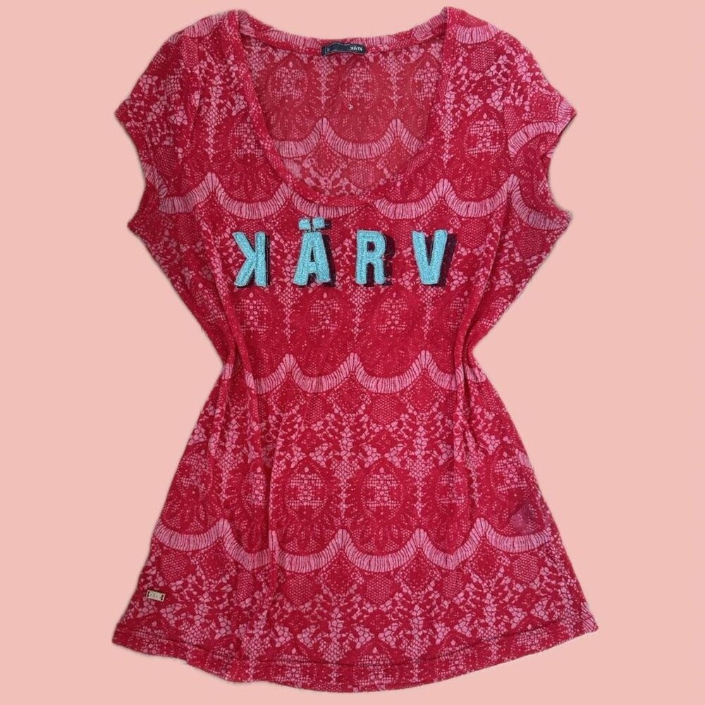 🧡 2 for 10$ Y2K KARV Lace Top – Sheer Red Graphic Tee
